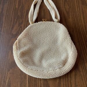 Vtg corde bead handbag purse beige kiss lock